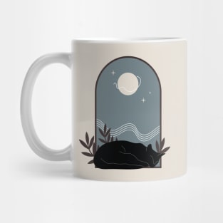 Sleepy cozy black cat with plants and night sky in vintage boho minimalist style Mug